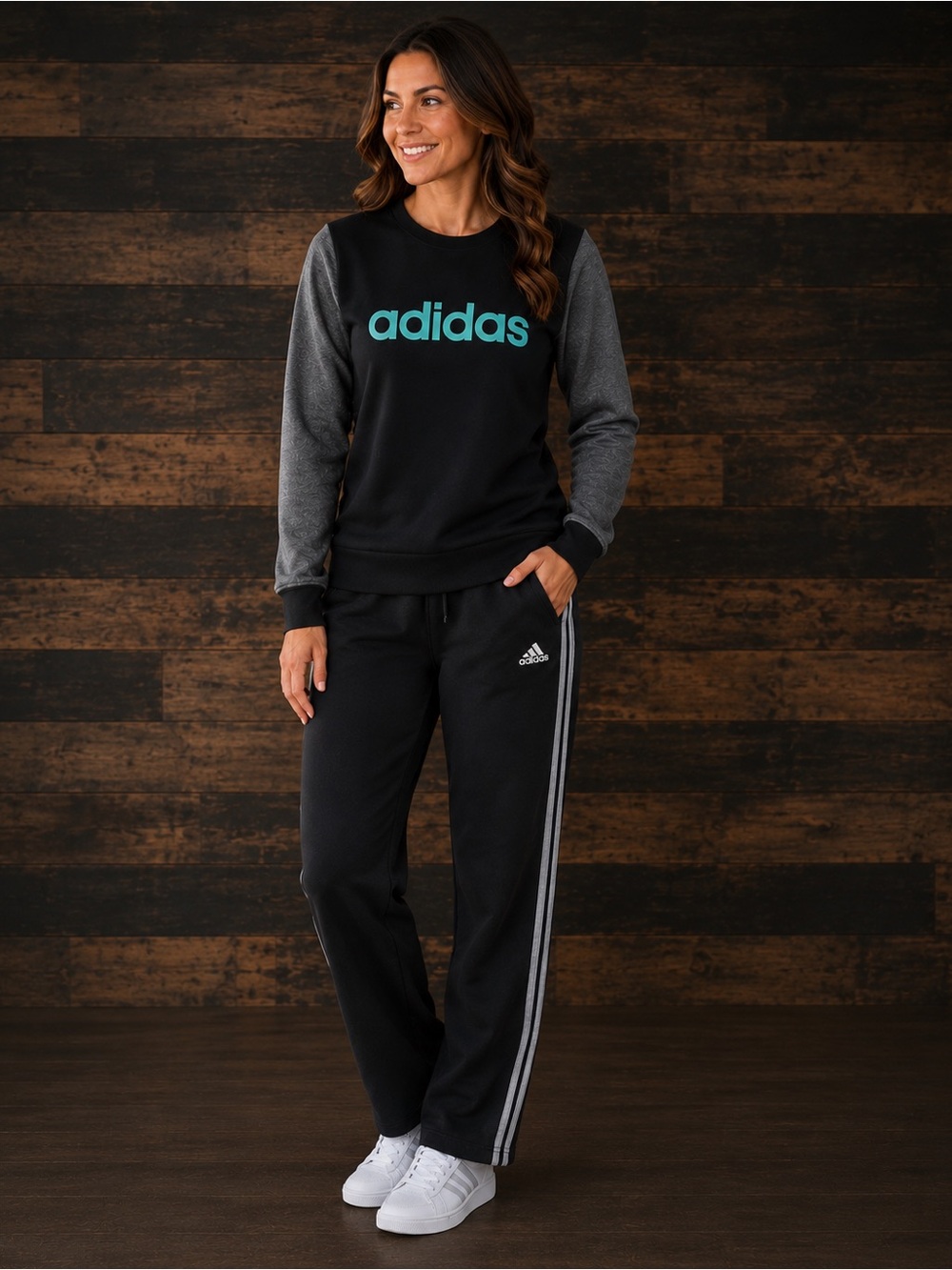 adidas Black Sweatshirt & Black Track Pants with Gray Sleeves med outfit
